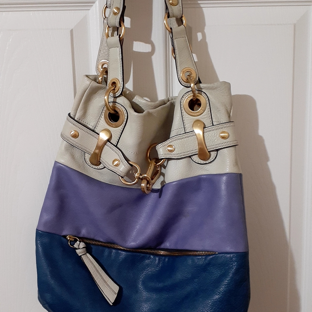 B. Makowsky Cream, Purple, and Blue Shoulder Bag